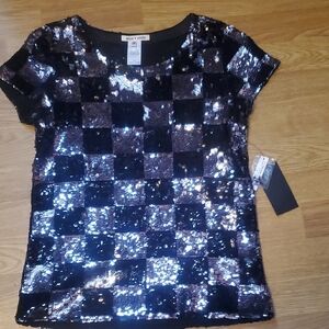 Alice + Olivia Black and Silver Sequin Checkerboard Tee Brand New with Tags